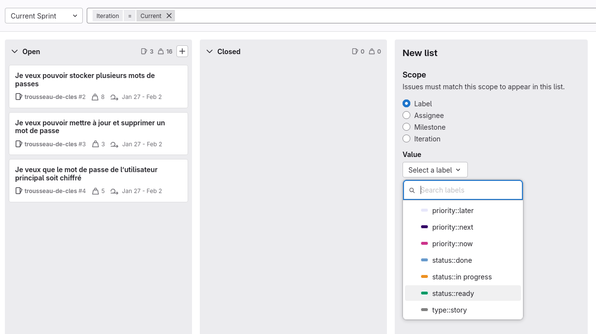 Gitlab current sprint issue board add listes